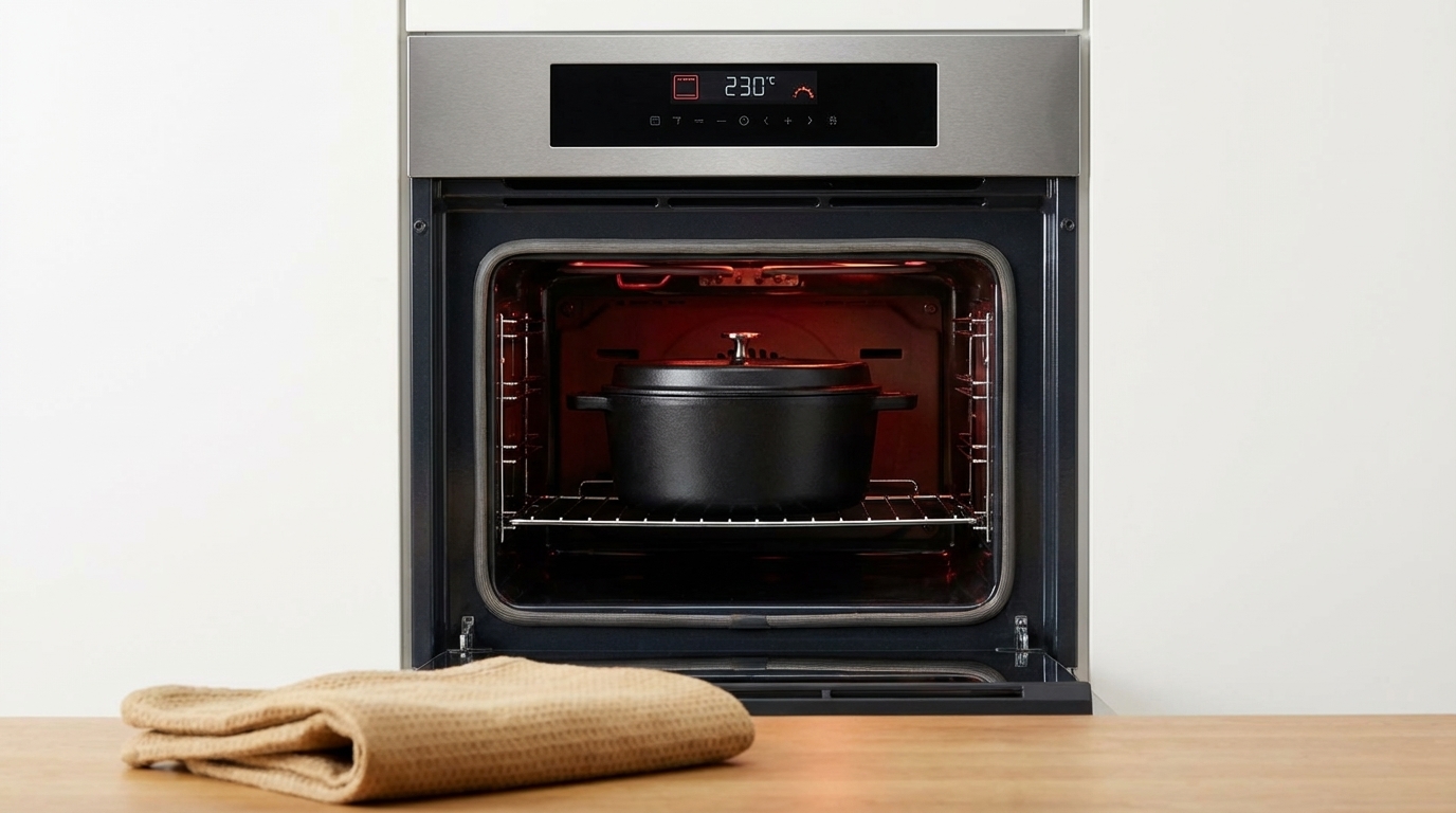 Ofen mit einem gusseisernen Topf auf 230°C vorheizen.